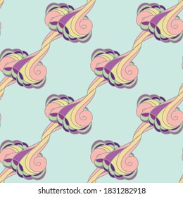 Seamless fantastic pattern with various design elements in pastel colors for gift paper and fabric design.