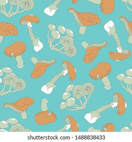 Seamless fantastic pattern with wild mushrooms. Ceps and ginger mushrooms on a blue background for printing, packaging, paper, textile design. Vector illustration