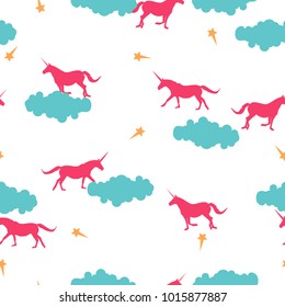 Seamless fantasy animals pattern Unicorn pink silhouette, blue clouds and yellow stars shape isolated on white background, vivid colors, vector eps 10