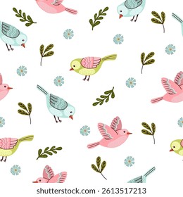 Seamless Fantasy Birds Pattern in Pastel Colors