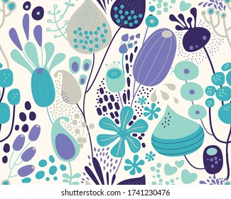 Seamless fantasy floral pattern. Flowers, plants and paisley cucumbers. Modern version of oriental paisley patterns.