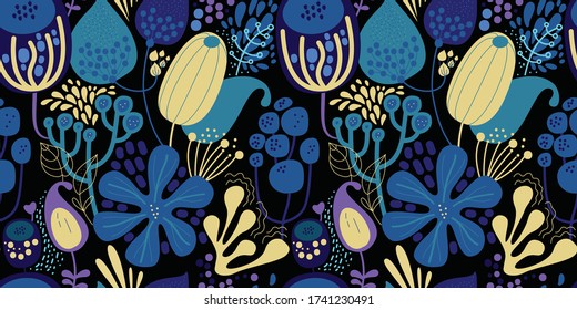 Seamless fantasy floral pattern. Flowers, plants and paisley cucumbers. Modern version of oriental paisley patterns.