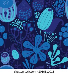 Seamless fantasy floral pattern. Flowers, plants and paisley cucumbers. Modern version of oriental paisley patterns.
