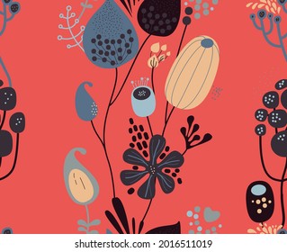Seamless fantasy floral pattern. Flowers, plants and paisley cucumbers. Modern version of oriental paisley patterns.