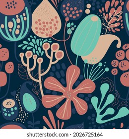 Seamless fantasy floral pattern. Flowers, plants and paisley cucumbers. Modern version of oriental paisley patterns.