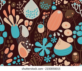 Seamless fantasy floral pattern. Flowers, plants and paisley cucumbers. Modern version of oriental paisley patterns.