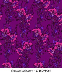 Seamless fantasy  floral vector pattern  with stylized  orchids on dark lilac-pink background