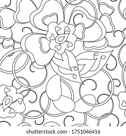 Patrón de flores de fantasía sin foco. Fondo del doodle dibujado a mano para tejidos y otras superficies. Patrón blanco y negro