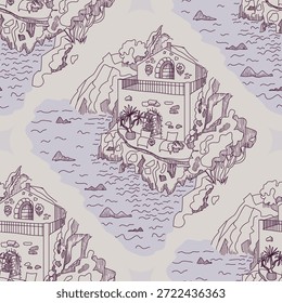 Seamless fantasy island pattern with hand drawn landscapes conveying adventure travel vacation and summer atmosphere for wallpapers textiles books games and decorative design

Keywords