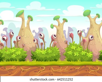 Seamless fantasy landscape with separated layers for parallax effect. Vector looped cartoon background for game design.