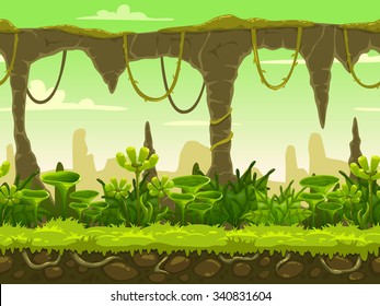 Seamless fantasy landscape, vector game background with separated layers for parallax effect