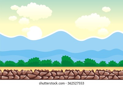 Seamless fantasy landscape, vector game background with separated layers for parallax effect