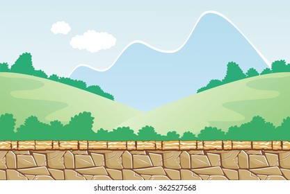 Seamless fantasy landscape, vector game background with separated layers for parallax effect