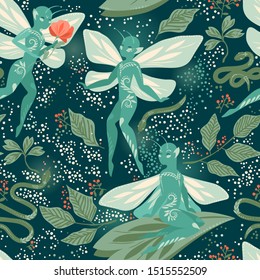 Seamless fantasy pattern with cute fairies in the magical forest, retro style palette, vector illustration