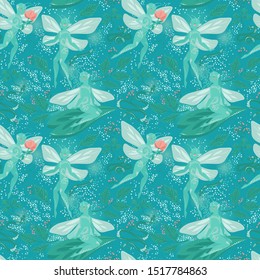 Seamless fantasy pattern with cute fairies in the magical forest, vector illustration