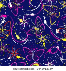 Seamless fantasy pattern with flowers, butterfly, paint brush strokes, spattered paint. Bright glowing neon colors. Outline, contour illustrations. Virtual surreal nature.