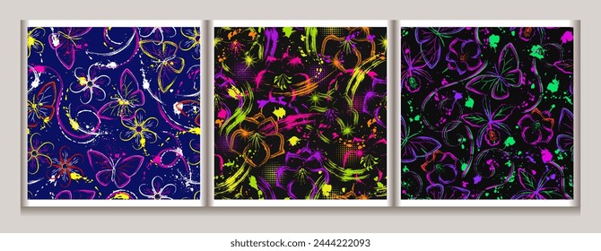 Seamless fantasy pattern with flowers, butterfly, paint brush strokes, splash of paint. Bright glowing neon colors. Outline, contour illustrations. Virtual surreal nature.