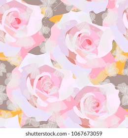 

Seamless fantasy pattern with gently pink roses and white transparent butterflies flying over them. Vector summer design. Fashionable printing for fabric, wallpaper.