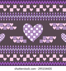 Seamless fantasy pattern with hearts. Shapes with cells inside. Beautiful print in the spirit of Alice in Wonderland. Vector illustration