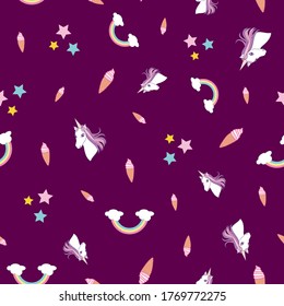 Seamless fantasy pattern illustration unicorn, stars, ice cream on purple background