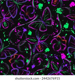 Seamless fantasy pattern with orchid flower, butterfly, paint brush strokes, spattered paint. Bright glowing neon colors. Outline, contour illustrations. Virtual surreal nature.