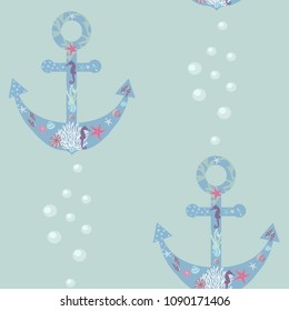 Seamless fantasy pattern of a stylized sea anchor. For decorating textiles, packaging and web design. Vector illustration.