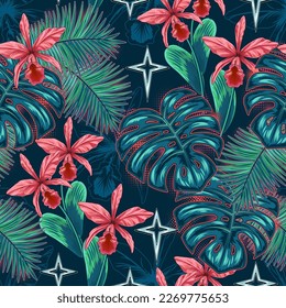 Patrón de fantasía sin foco con follaje tropical, formas de medio tono. Monstera, hojas de palma, orquídea, estrellas. Luz trasera iluminada por neón. Ilustración vintage para impresiones, diseño textil