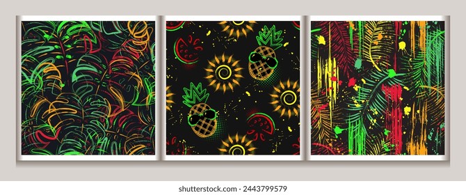Seamless fantasy pattern with tropical foliage, pineapple, splash of paint. Virtual surreal nature. Bright glowing fluorescent neon colors. Outline, contour illustrations.