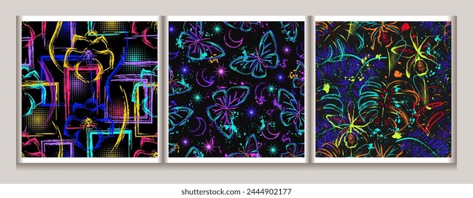 Seamless fantasy pattern with tropical foliage, flowers, butterfly, splash of paint. Virtual surreal nature. Bright glowing fluorescent neon colors. Outline, contour illustrations.