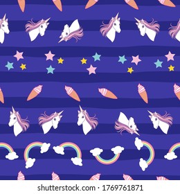Seamless fantasy pattern unicorns, rainbow, stras and ice cream on purple stripes