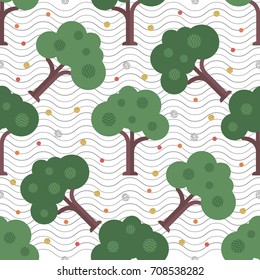 seamless fantasy tree with gold and silver glitter dot pattern on white stripe background