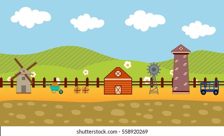 seamless farm background in artistic theme for games with farm elements like windmill, warehouse and carts
