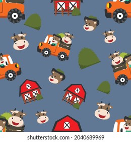 Seamless farm background with barn, tractor, pick-up, cow, and farmer. For fabric textile, nursery, baby clothes, background, textile, wrapping paper and other decoration.