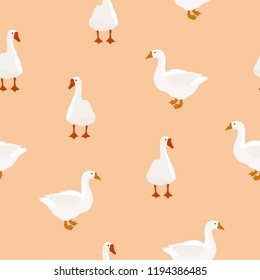 Seamless farm birds white goose pattern on beige background. Domestic geese animals simple cute print, village style drawing texture for fabric cloth, vector eps 10