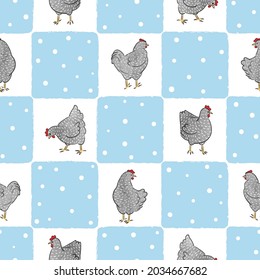 Seamless farm chicken pattern with hens. Vector checked background.