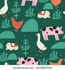 Nahtloses Bauernmodell mit Tieren und Pflanzen. Süße Kühe, Hühner und Grün auf dunkelgrünem Hintergrund. Perfekt für Kinderprodukte, Verpackungspapier und länderspezifische Projekte