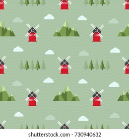 Seamless farm pattern background with red windmill ,mountain ,tree and cloud in green field