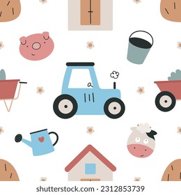 Seamless farm pattern. For card, posters, banners, children books, printing on the pack, clothes, fabric, wallpaper, textile or dishes.