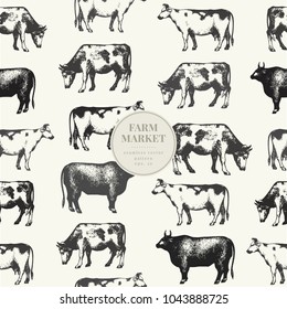 Seamless farm vector pattern. Graphical cow silhouette, hand drawn vintage illustrations. Retro farm animals background.