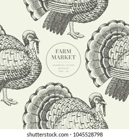 Seamless farm vector pattern. Graphical turkey silhouette, hand drawn vintage illustration. Retro farm birds background.