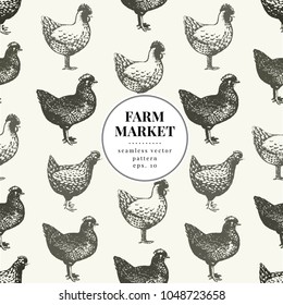 Seamless farm vector pattern. Graphical hen silhouette, hand drawn vintage illustrations. Retro farm birds background.
