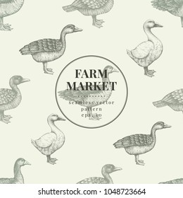 Seamless farm vector pattern. Graphical duck and goose silhouette, hand drawn vintage illustration. Retro farm birds background.