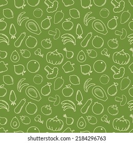 Seamless farmer's market pattern with line icons. Fruits, vegetables healthy food
