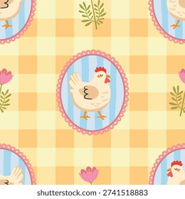 Seamless farmhouse pattern with cute white chicken in a vintage oval frame on yellow gingham background. Cottage core inspired, Easter design with kawaii chicken illustration.