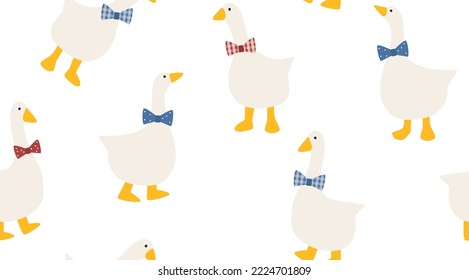 Seamless farmhouse pattern with hand drawn geese wearing blue and red bows. Countryside farm kitchen design for print, textile, decor, celebration. Goose pattern. Hand drawn vector illustration.