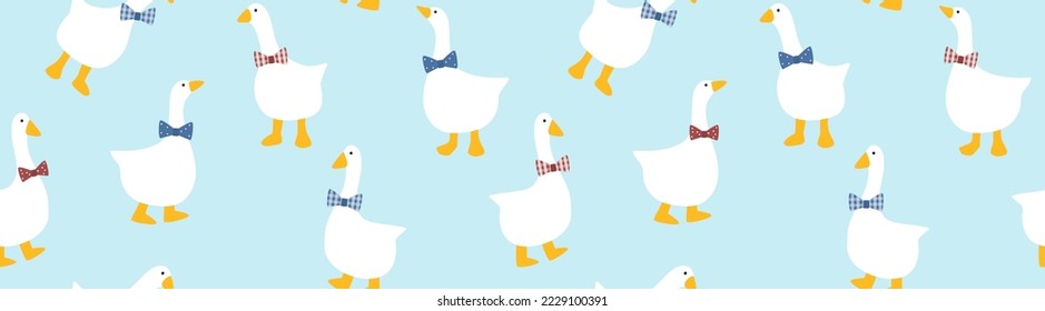 Seamless farmhouse pattern with hand drawn goose. Geese colorful cartoon design template for print, wallpaper, decor, poster etc. Farm animal cute vector illustration