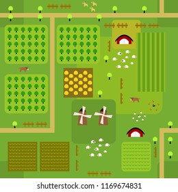Seamless farmland map pattern in a very simple flat style, complete with its animals, plants, and barn. This variant (Variant B) is combinable with map in the same series.