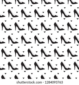 Seamless fashion accessories pattern. Cute fashion illustration with black shoes, pink lipstick, nail polish, perfume, sunglasses on mint green polka dots background.