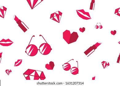 Seamless fashion accessories pattern with cute element kiss lips sunglasses lipstick diamond and heart