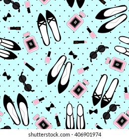 Seamless fashion accessories pattern. Cute fashion illustration with black shoes, pink lipstick, nail polish, perfume, sunglasses on mint green polka dots background.